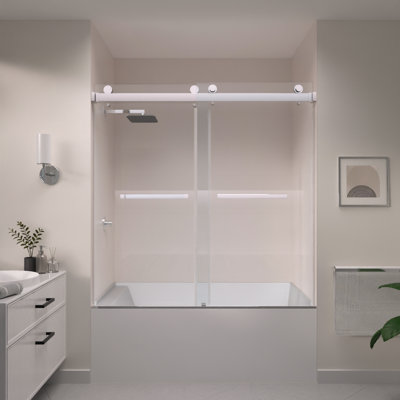 Catalyst 56"- 61" W x 60" H Double Sliding Frameless Shower Tub Door in Chrome with 3/8" Clear Glass