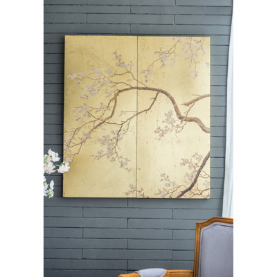 2 panneaux d'art mural Cherry Blossom Grandeur, 21,3 x 47,2 pouces, pour le salon, la chambre à coucher, le bureau, la salle à manger inspirée de la nature, œuvres d'art dorées et roses, décor à thème,