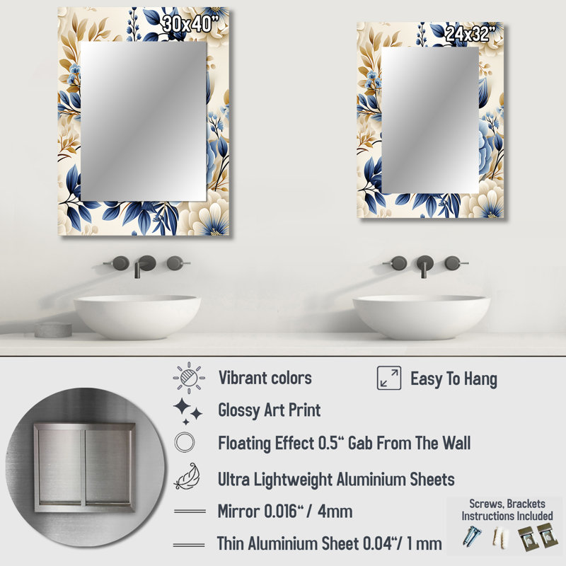 Banu Classic Blue Harmony Bouquet - Floral Large Wall Mirror, Cottage Decorative Mirror, Printed Metal Art, 32" x 24"