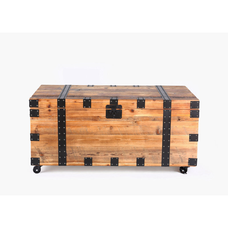Trunk Table With Four Wheel Large Capacity Storage Coffee Table, Naturalreclaimed Wood /Black Metal, Natural