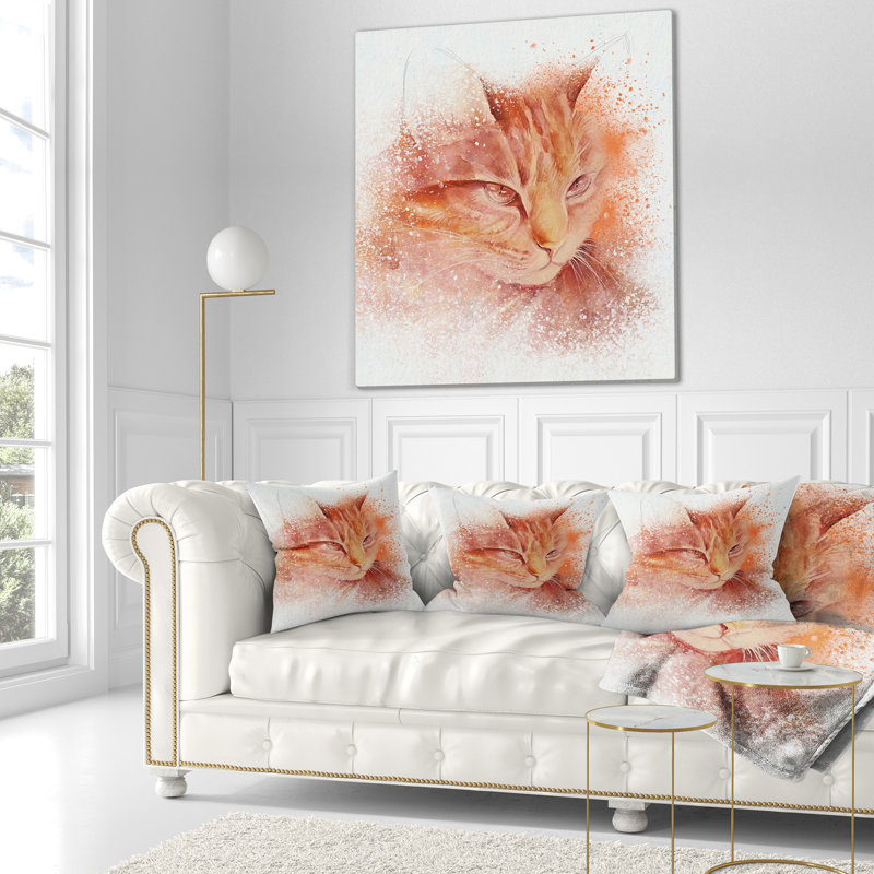 Croquis de visage de chat brun sur fond blanc - coussin imprimé animal, 16 po x 1 po, Coussin décoratif