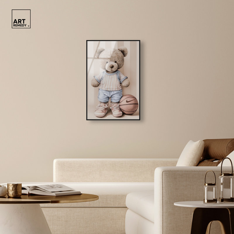 "Little Teddy Soccer Player", reproduction murale encadrée par Art Remedy, cadre noir, 24 x 36, H 37 po x l 25 po