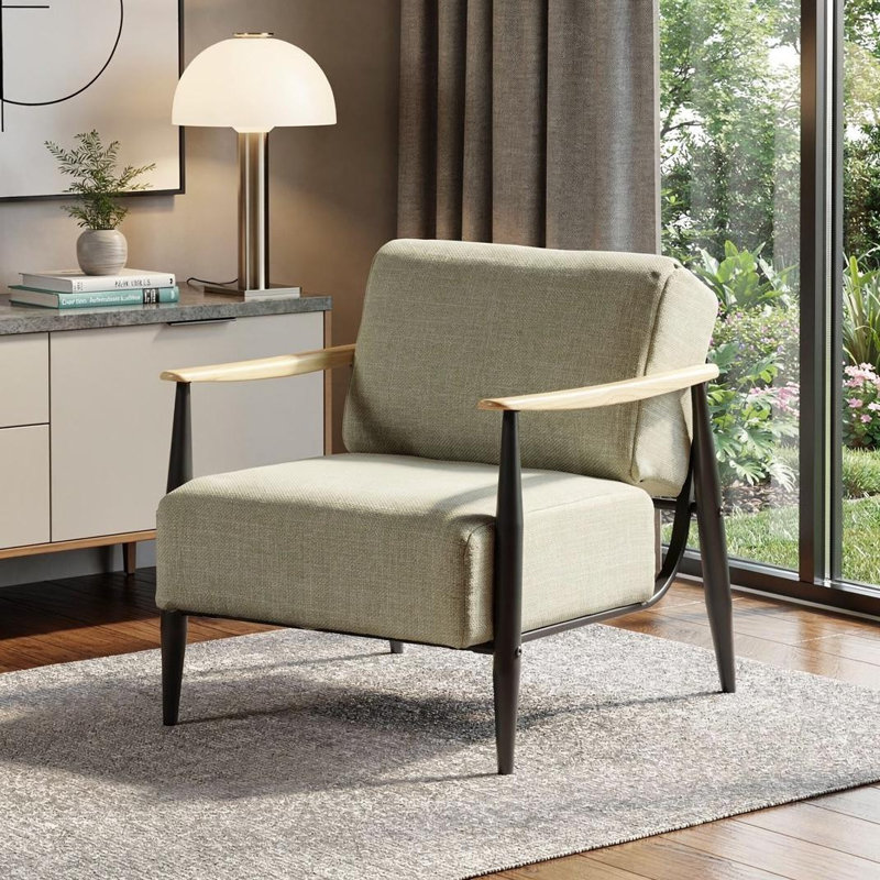Chaise rembourrée 28 po avec accoudoirs en bois massif noir et beige