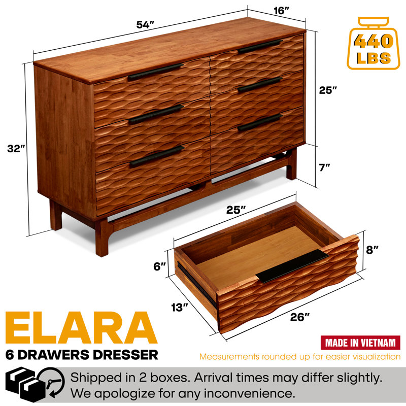 Commode en bois massif noyer à 6 tiroirs ACACIA Elara, Noyer