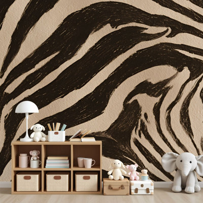 Peel and Stick Wallpaper Abstract Zebra Stripes Bold Black Beige Wall Murals 69"H x 96"W Removable PVC Wall Paper Self-Adhesive Wall Decor for Bedroom Living Room Home Office