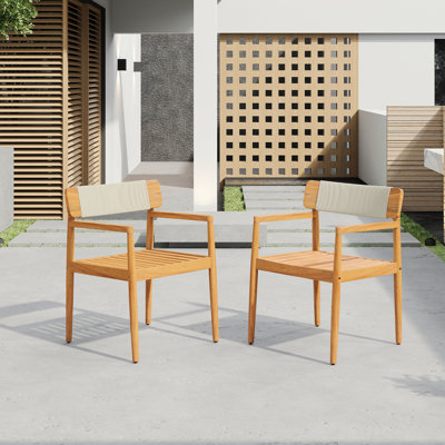 Ensemble de meubles de patio 4 pièces, chaises de salle à manger d'extérieur en bois d'acacia tressé avec accoudoirs, aspect teck et corde blanche, jardin, cour, piscine et loisirs toutes saisons