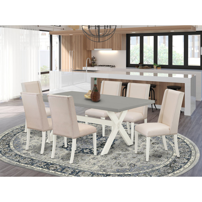 Ensemble de table de salle à manger 7 pièces moderne composé d'une table rectangulaire en bois avec pieds en X et 6 chaises de salle à manger Parson