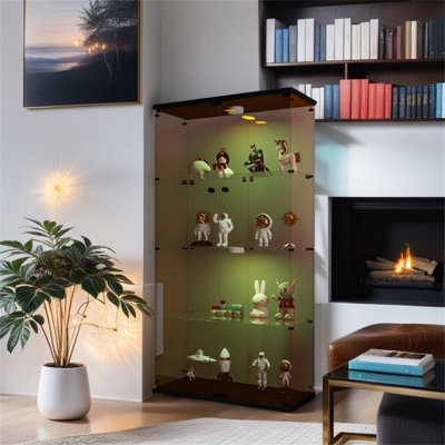 Lighted Two Door Glass Cabinet Glass Display Cabinet With 4 Shelves, Brown