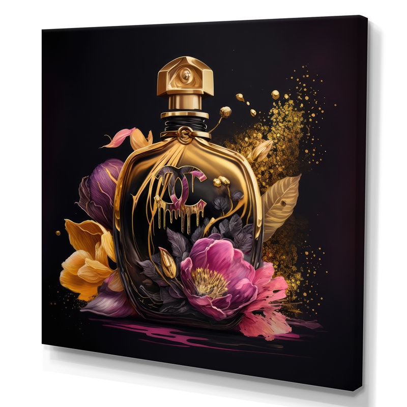 «Chic Black and Gold Perfume Bottle III», impression sur toile, H 36 po x l 36 po x P 1,5 po, Toile tendue