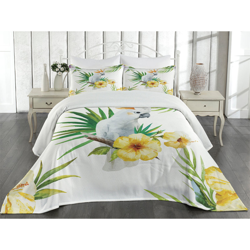 Tropical Parrot and Hibiscus Twin Quilted Bedspread Set
