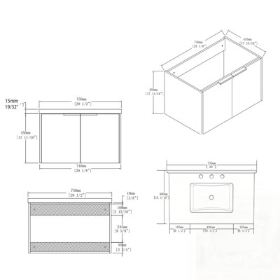 Meuble-lavabo flottant avec lavabo, porte à fermeture douce, comptoir et dosseret en marbre de culture blanc granit, contreplaqué