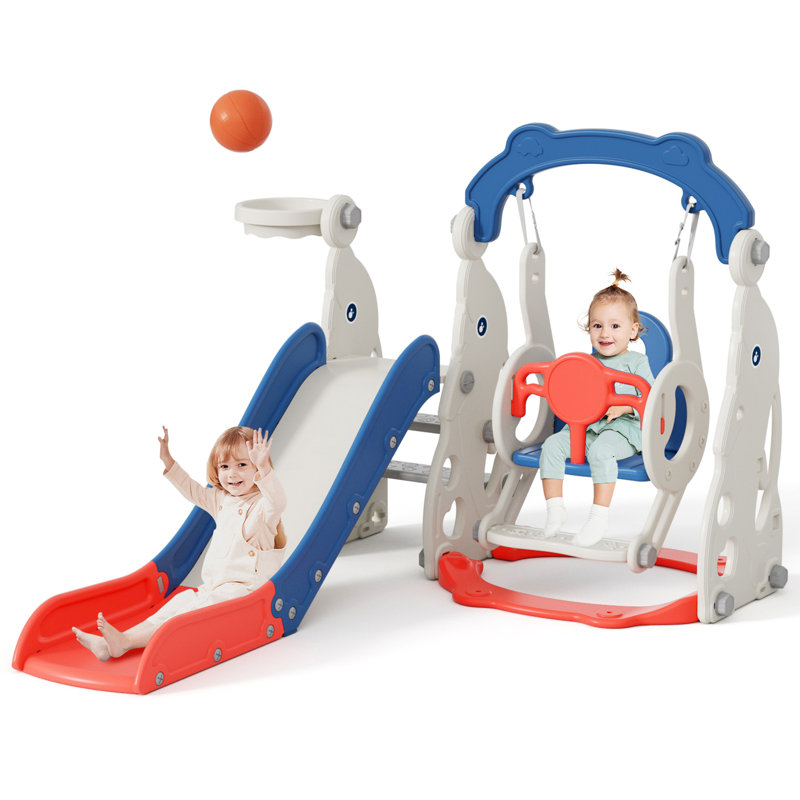 Portique 4 en 1 pour enfants avec anneau de basketball pour l'intérieur et l'extérieur, Bleu / rouge