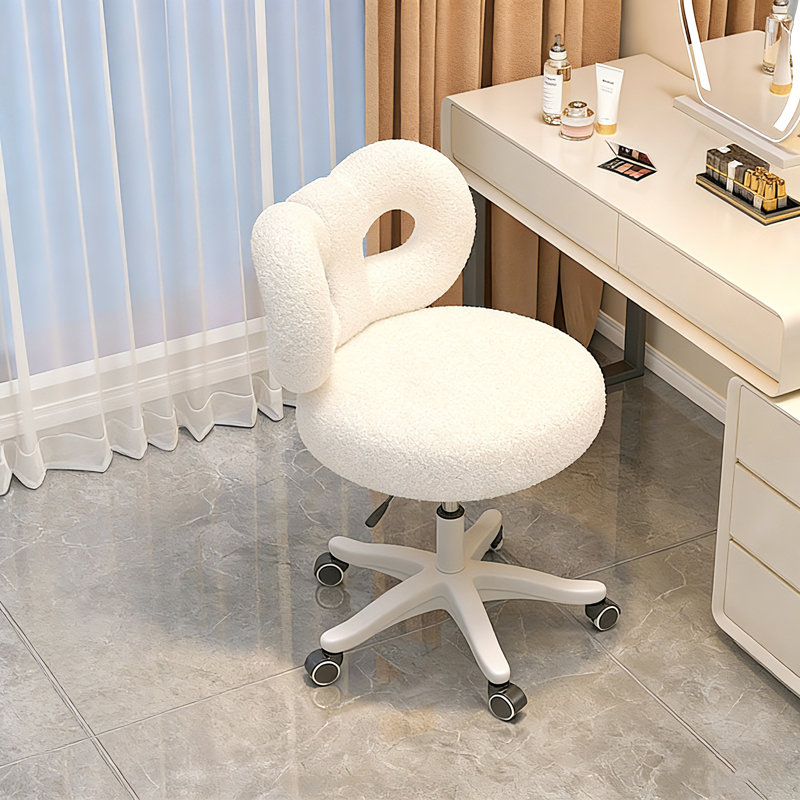 Fauteuil de coiffeuse pivotant à hauteur réglable, fauteuil de bureau rembourré en molleton blanc avec roulettes, joli tabouret roulant à dossier ergonomique moderne pour la chambre à coucher, la salle de maquillage, le bureau personnel