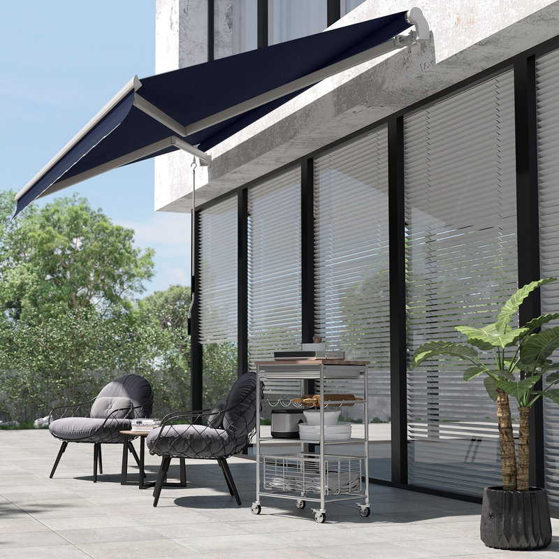 Wall Mounted Terrace Retractable Awning, Blue/White, 59" H x 116.3" W x 96.5" D