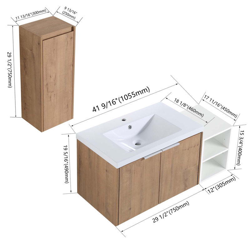 Meuble-lavabo mural avec lavabo et armoire latérale, portes à fermeture douce, armoire combinée, 42"