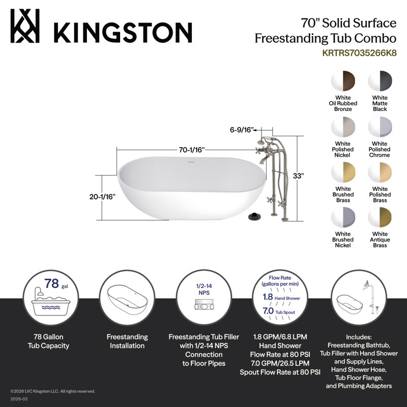 Baignoire autoportante ovale à deux extrémités de surface solide de 70 pouces avec robinet et drain Kingstonstone
