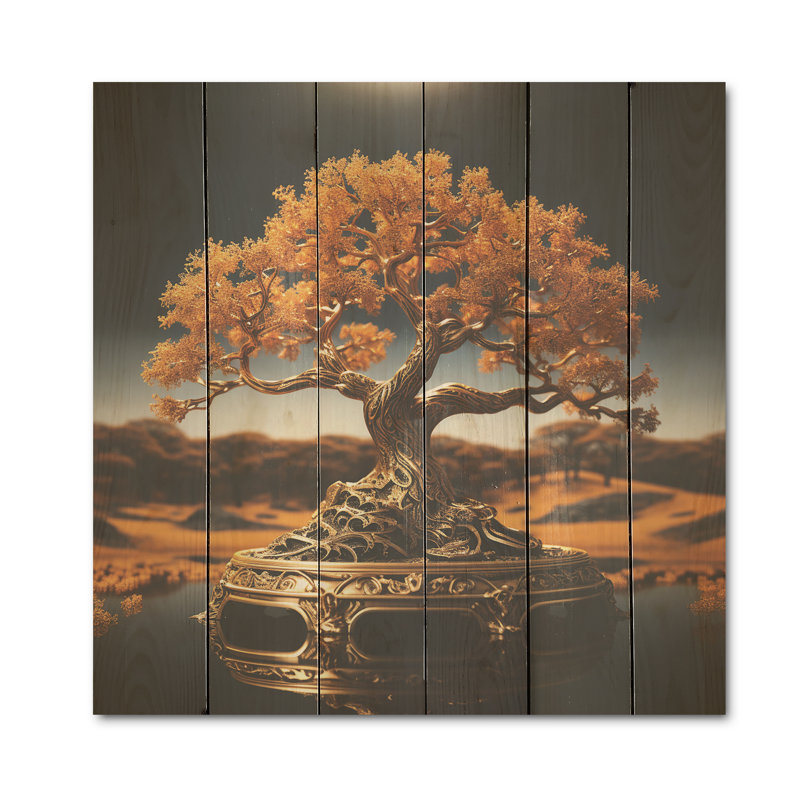 «Bonsai Tree Tranquility Expression I», art en bois d'arbre bonsaï sur bois de pin naturel, H 15 po x l 15 po