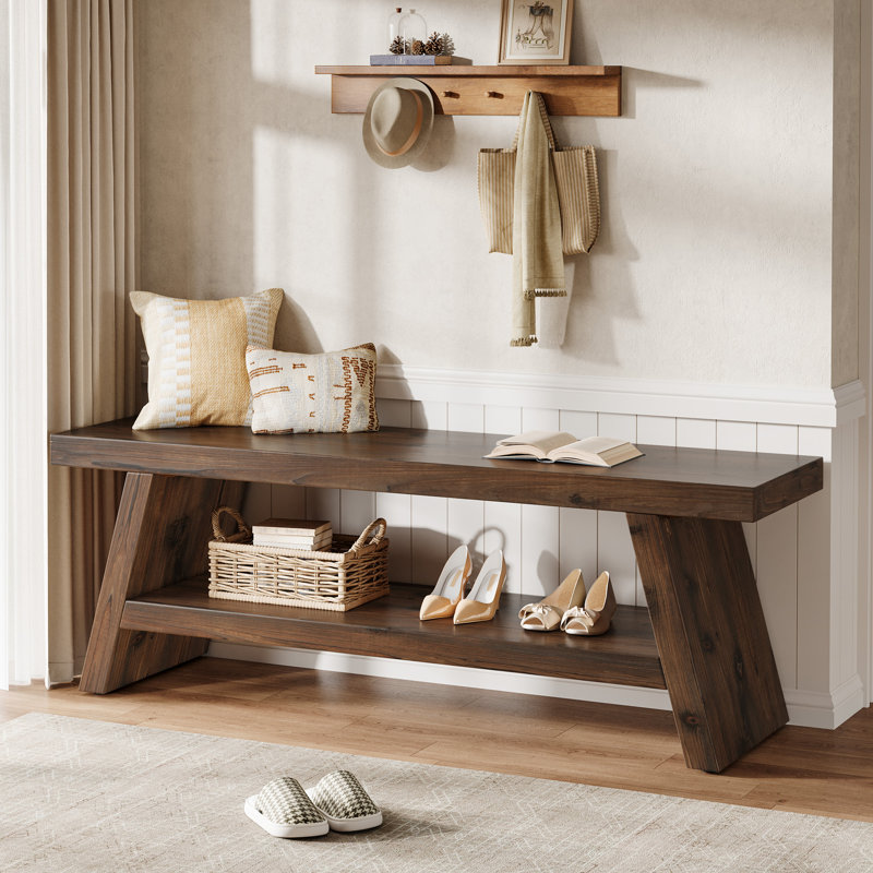 2-tier Solid Wood Entryway Bench, Indoor Shoe Bench Hallway Foyer Seating With Open Shelves, Rustic Brown