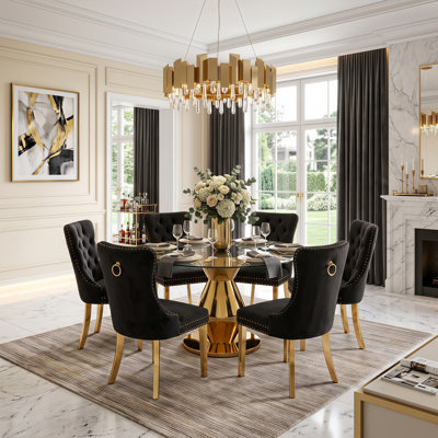 Ensemble de table de salle à manger 47 "en verre trempé rond moderne avec chaises en velours capitonné et base dorée