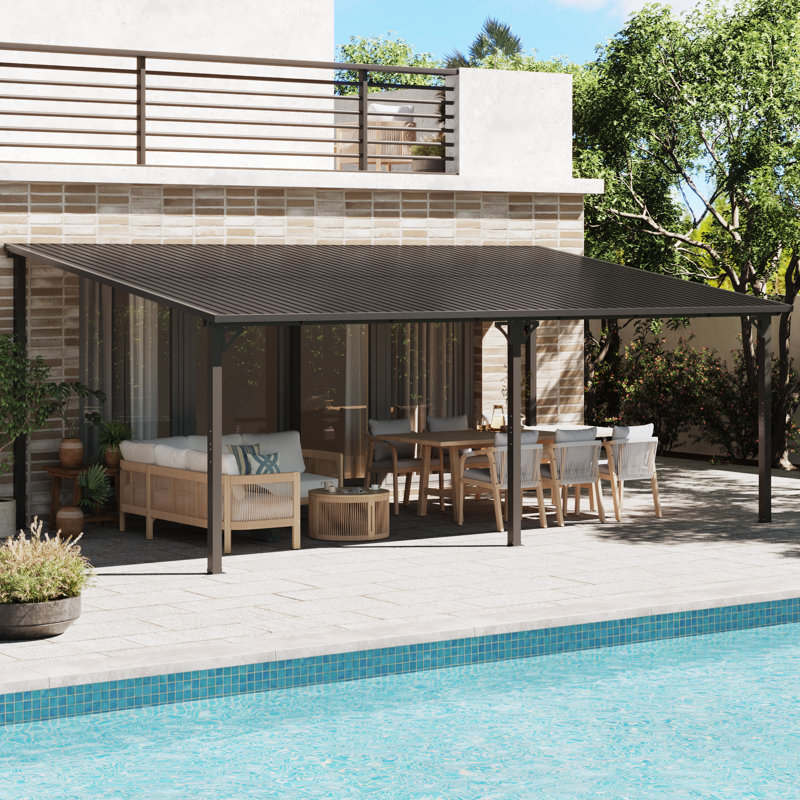Galvanized Steel Patio Pergola Wall-mounted With Sloping Roof, 98.6" H x 228" W x 136.4" D