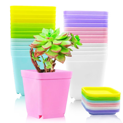 24 Pack 2.8 Inch Plastic Plant Pots with Saucers, Succulent Pots with Drainage Holes Planters for Outdoor Plants & Indoor