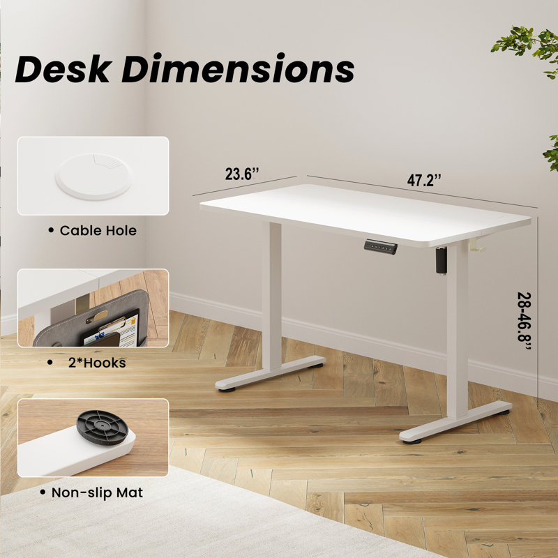 Height Adjustable Standing Desk, 27" H x 47.2" W x 23.6" D, Natural/White