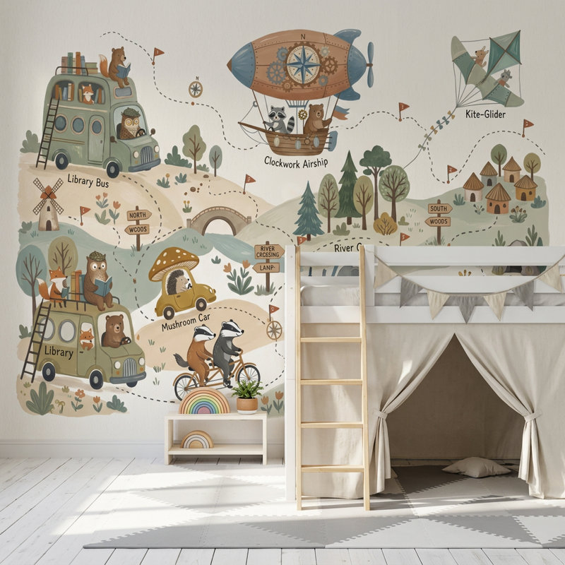 Papier peint carte fantaisiste, livre de contes, animaux des bois, 140 po x 108 po, Non tissé