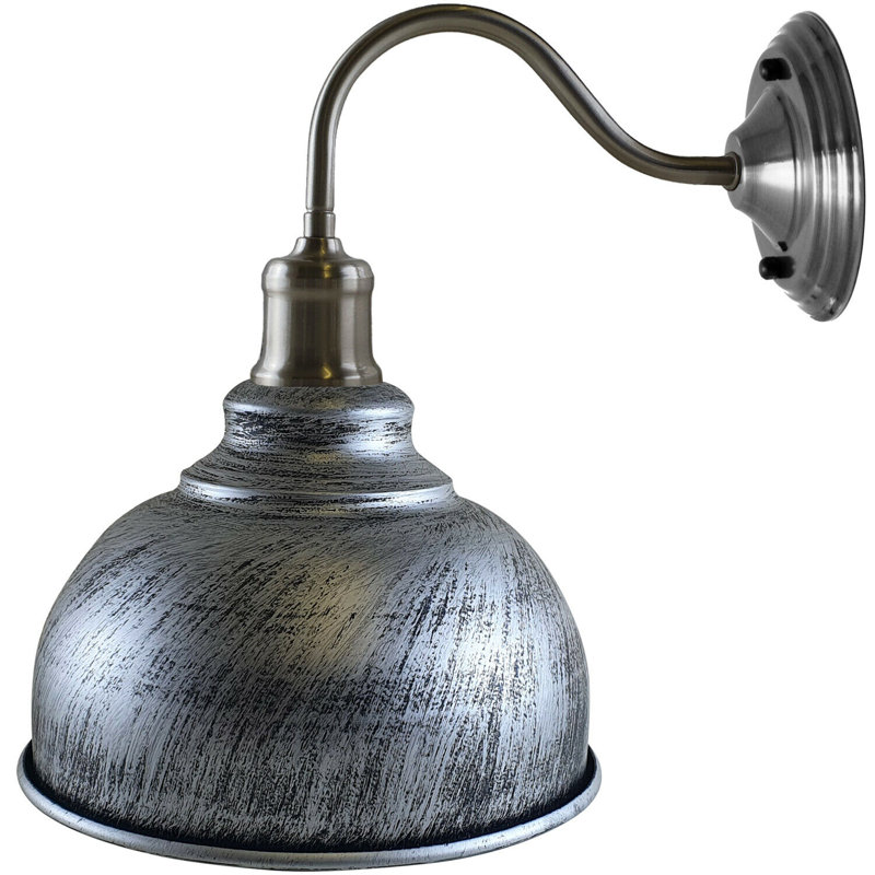 Springboro Vintage Industrial Armed Wall Sconce — Black Metal with Gold Inner Dome Shade, E27 Holder, Brushed Silver
