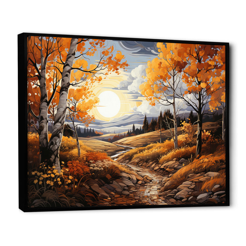 Birch Woods, chemin doré - impression, H 34 po x l 44 po x P 1,5 po, Cadre flottant noir