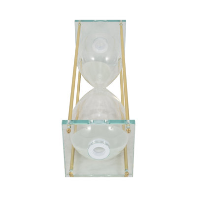 Decorative Hourglass Sculpture Object for Home Decor - Timepiece Metal Statue with Glass Frame for Table or Living Room Decoration - White