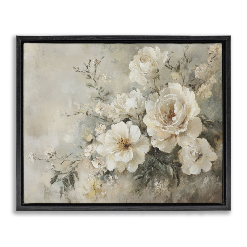  "Beige Faded Florals", art mural sur toile par Petal Prints Design, H 17 po x l 21 po, Cadre flottant noir de jais