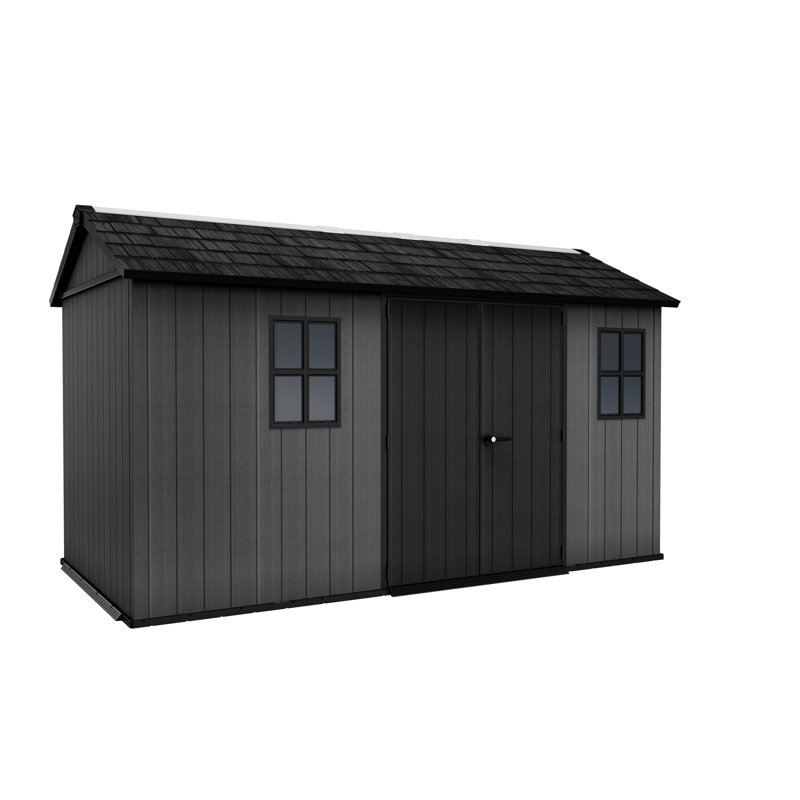 Keter Newton Plus Durable Resin Outdoor Storage Shed With Floor and Double Doors for Garden Patio Furniture and Tools, Graphite Grey (6 Available Sizes)