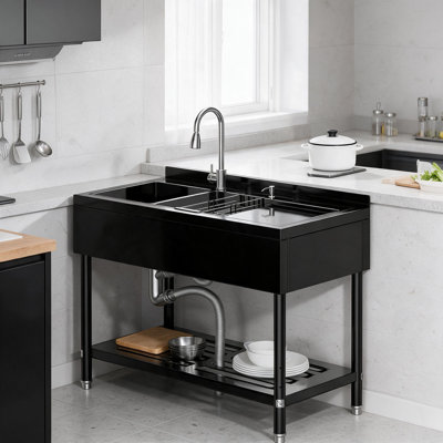 Évier utilitaire en acier inoxydable, 120,6 cm × 61 cm × 98,8 cm, évier de cuisine commercial à double cuve autoportant avec robinet, comptoir avec tuyauterie d'eau chaude et froide pour garage ou buanderie.