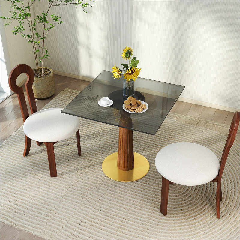 Table de salle à manger moderne carrée, table en verre trempé 33,5 po avec pieds en bois et base dorée, table de cuisine pour 2 personnes pour petit espace, capacité de poids de 150 lb