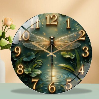 Horloge murale élégante en forme de libellule avec feuilles vertes - horloge murale moderne en verre 12 po
