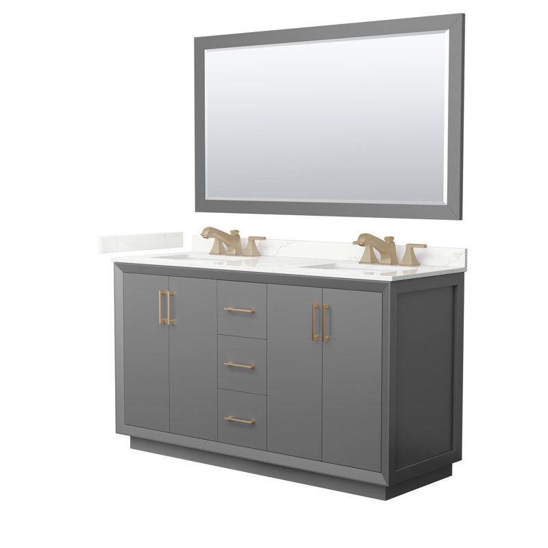 Meuble-lavabo double autoportant 60 po avec plateau en quartz Strada, Gris foncé, Quartz Giotto, Nickel brossé