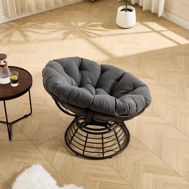 Fauteuil pivotant 360 avec design ergonomique et coussin gris, structure en acier brun pour une relaxation intérieure et extérieure, coussin d'amusement approprié