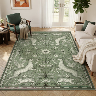 Goldene Morris Inspired Woodland Animal Washable Area Rug with Non-Slip Backing for Living Room, Bedroom and Kidsroom