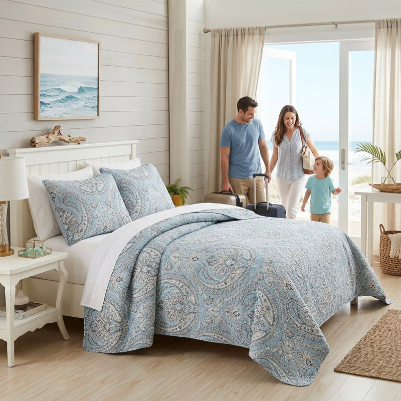 SouthShore Fine Linens Pure Melody Oversized Quilt Set, Embroidered Paisley Double-Brushed Microfiber, Aqua, Full / Queen, 2 Standard Pillow Shams
