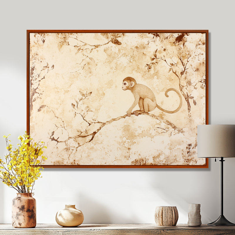 «Playful Monkey Primer In The Jungle III», art mural singe, Brun, Impression dans un cadre flottant sans passe-parto