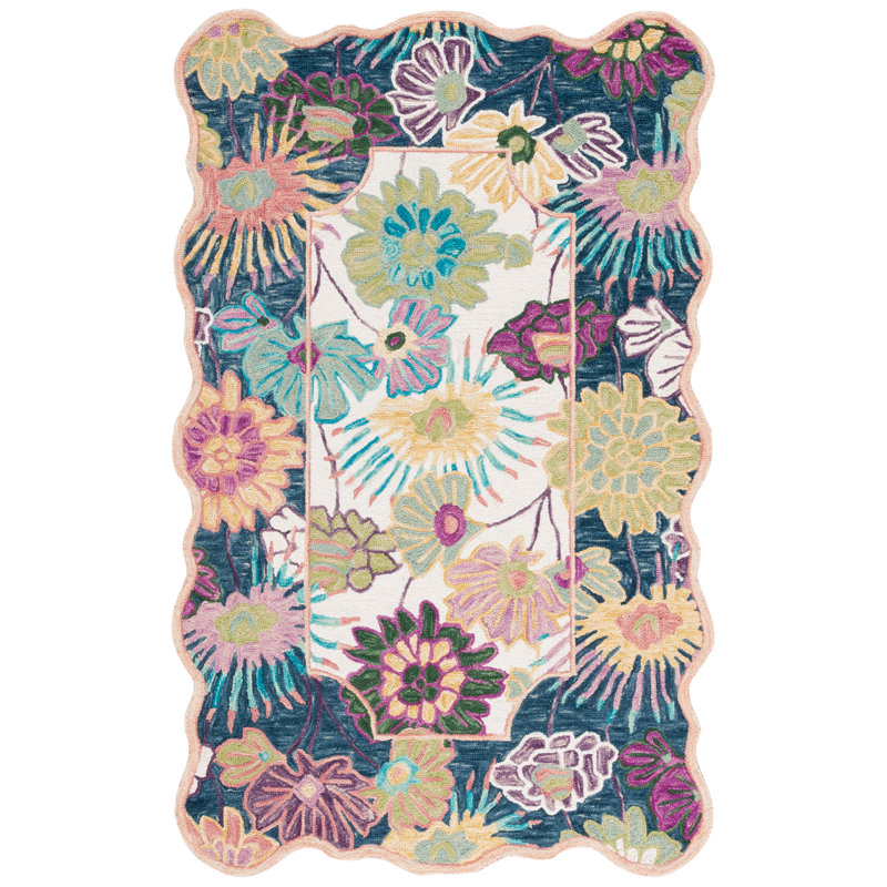 Lesle 357 Hand Tufted Wool/Cotton Floral Indoor Use Only Rug in Navy/Ivory, Runner 2'3" x 8'