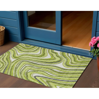 Tapis extérieur lavable abstrait vert lime et gris anthracite 3 pi x 5 pi
