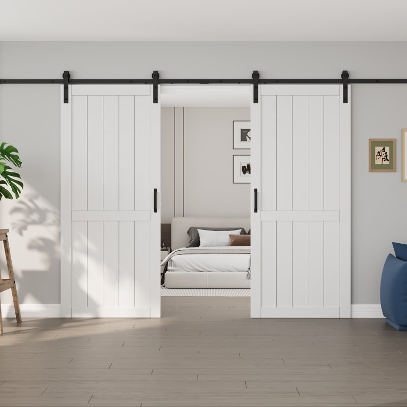 Double Sliding Barn Door with Installation Hardware Solid Manufactured Wood Primed White Surface Paintable Closet Pantry Doors (𝗦𝗼𝗳𝘁 𝗖𝗹𝗼𝘀𝗲 𝗜𝗻𝗰𝗹𝘂𝗱𝗲𝗱)