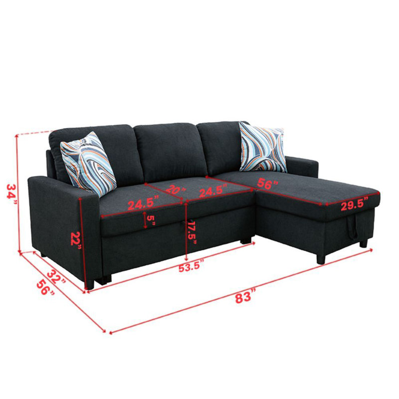 Carlheinz 83" L-Shaped Storage Sleeper Sofa Bed, Black