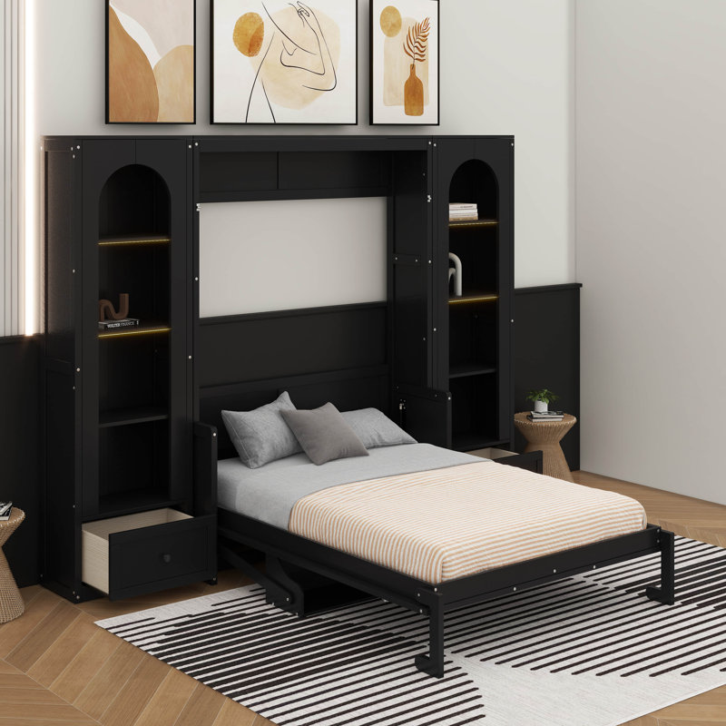 Grand lit plateforme escamotable avec tablette, armoires latérales, tiroirs et DEL, Noir