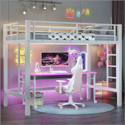 Metal Loft Bed, Loft Bed With Easy Climbing Ladder And Guardrails
