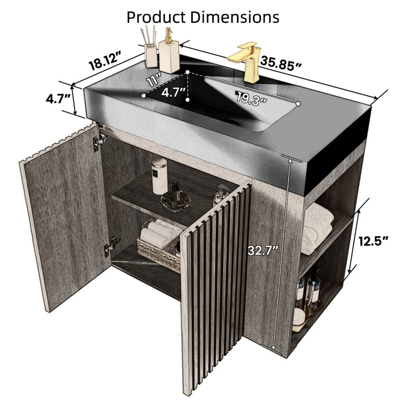 Meuble-lavabo 36 po avec lavabo à quartz noir, fermeture en douceur, tablette ouverte, Black