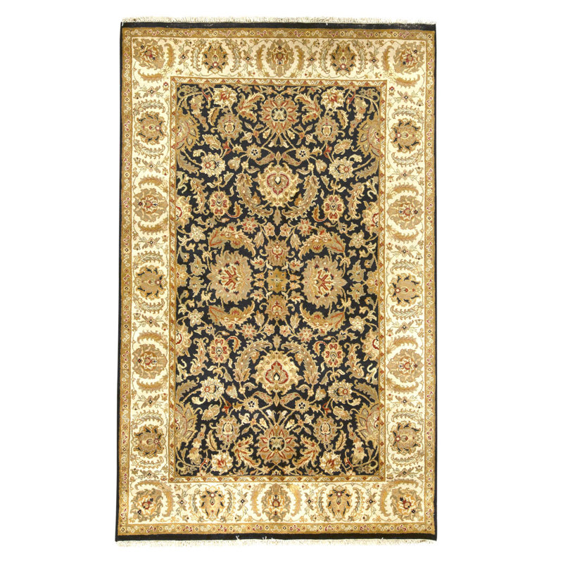 Hand Knotted Wool Oriental Area Rug in Black And Ivory