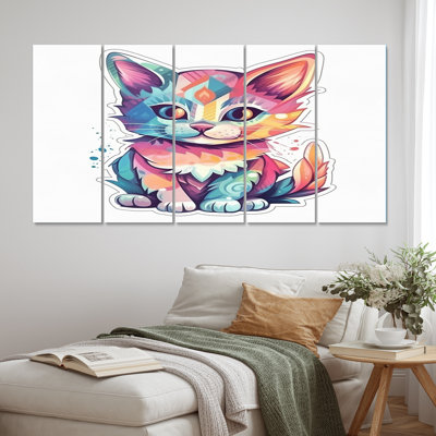 Pink Cute Kitten Cat Illustration II - Animals Cat Wall Decor - 5 Equal Panels