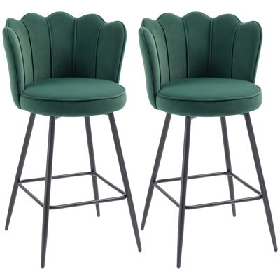 HOMCOM Bar Stools Set of 2 Velvet with Petal Backrest Footrest, Dark Blue